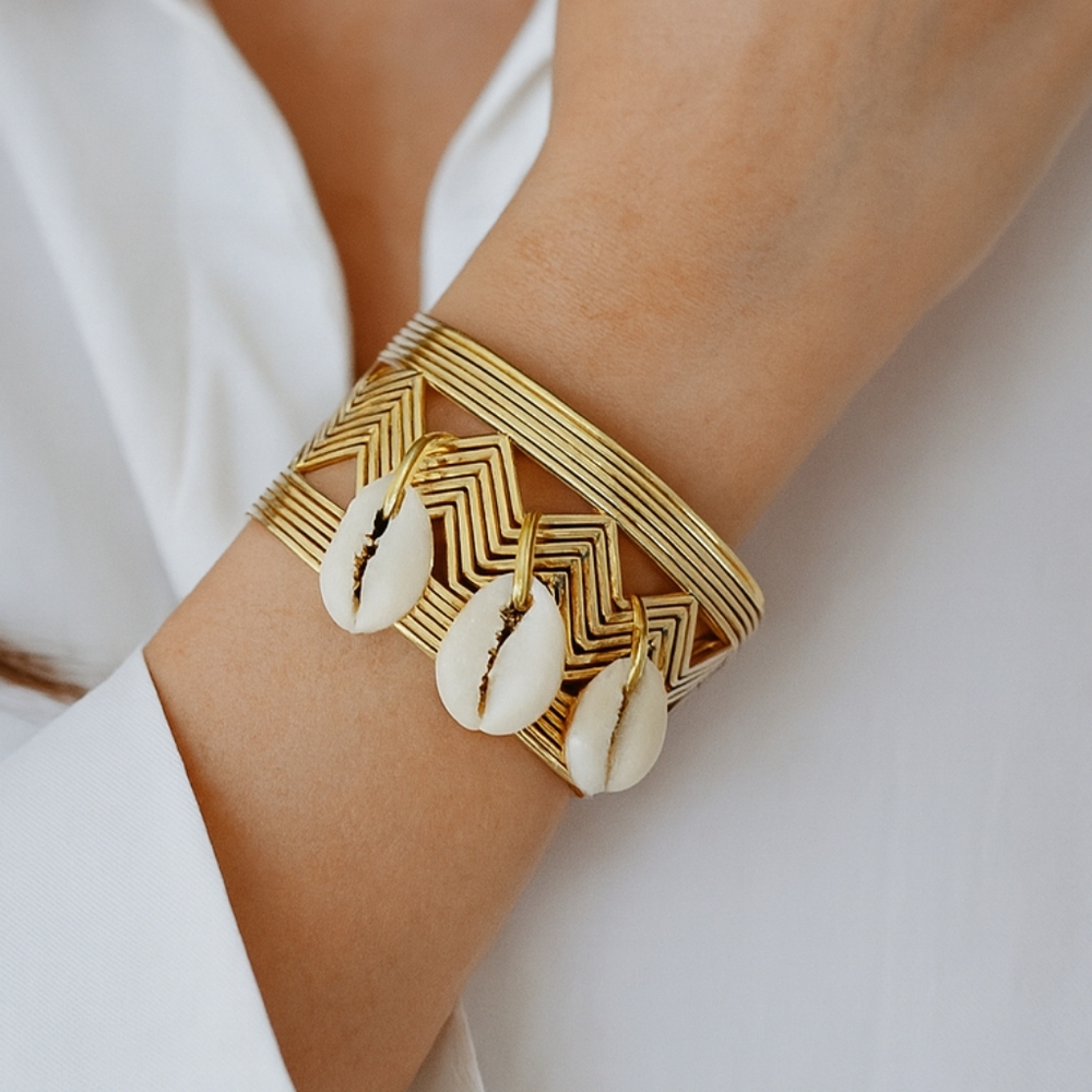 Gold Geometric Cuff Bracelet,  Stainless Steel, Chevron, Cowrie Shell, Tassel